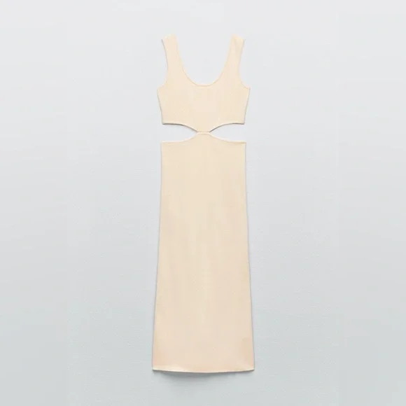 Zara dress midi fitted cream tan ribbed knit cut out midi - Picture 4 of 8